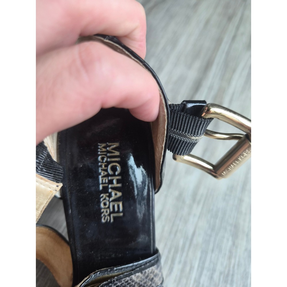 Michael Kors Snakeskin Print Platform Heels Strappy Black Gold Buckle 6M - Picture 3 of 8